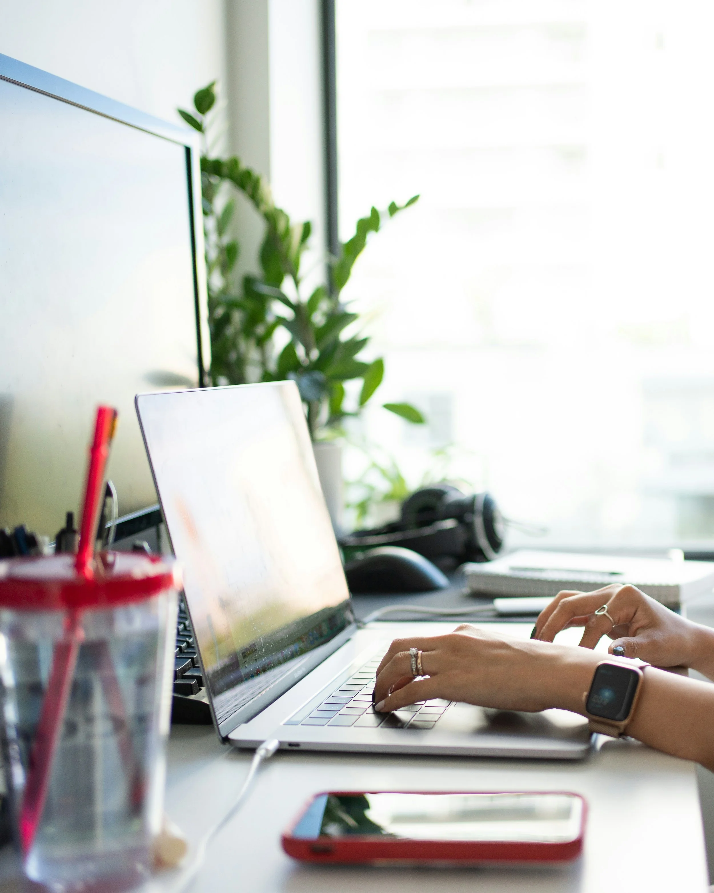 A person working on a laptop at a desk with a plant, a smartphone, and a water cup around.