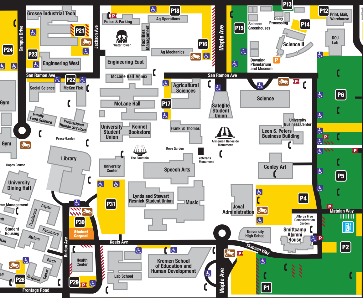 A detailed university campus map showing various buildings, parking areas, bike racks, and pathways. Key landmarks include the Water Tower, Science Greenhouses, and the Downing Planetarium and Museum. Notable locations such as the University Center, Library, and Student Union are also marked, along with accessibility features like designated parking and ramps.