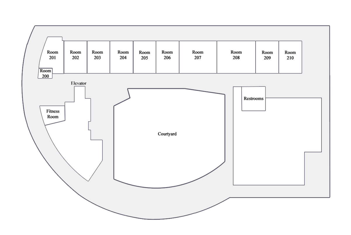Floor plan of a building showing rooms, courtyard, fitness room, restrooms, elevator, and staircase.