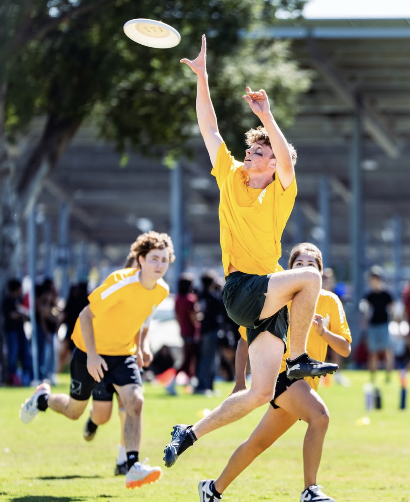 A young man in a yellow T-shirt and black shorts leaps to catch a frisbee during a game, with other players and spectators watching on a grassy field.