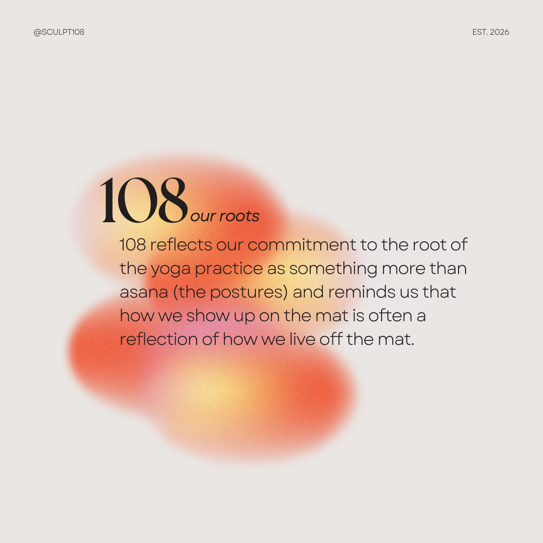 Design with the number 108, the phrase 'our roots', and descriptive text about yoga practices and postures, with a soft gradient background and abstract blurred shapes.