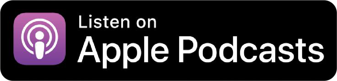 Black rectangular promotional banner with purple Apple Podcasts logo and white text that says "Listen on Apple Podcasts."