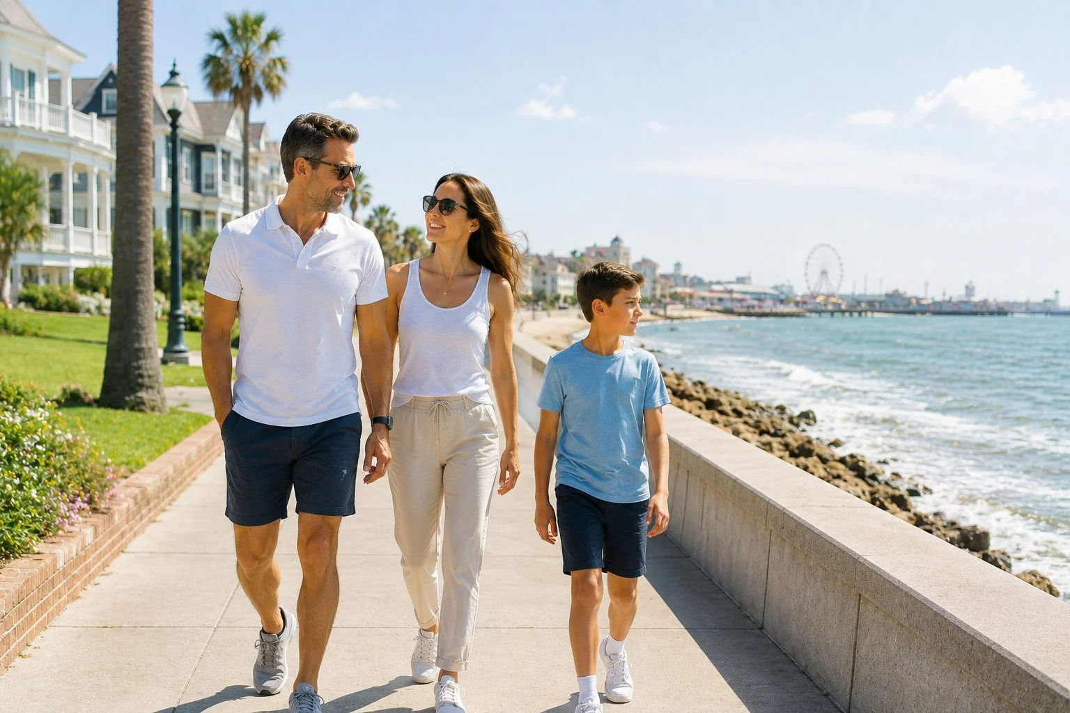 A family of three, a man, woman, and boy, walking along a sunny seaside boardwalk with houses, palm trees, and a ferris wheel in the background.