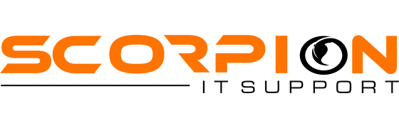 Scorpion IT support logo with orange and black text.
