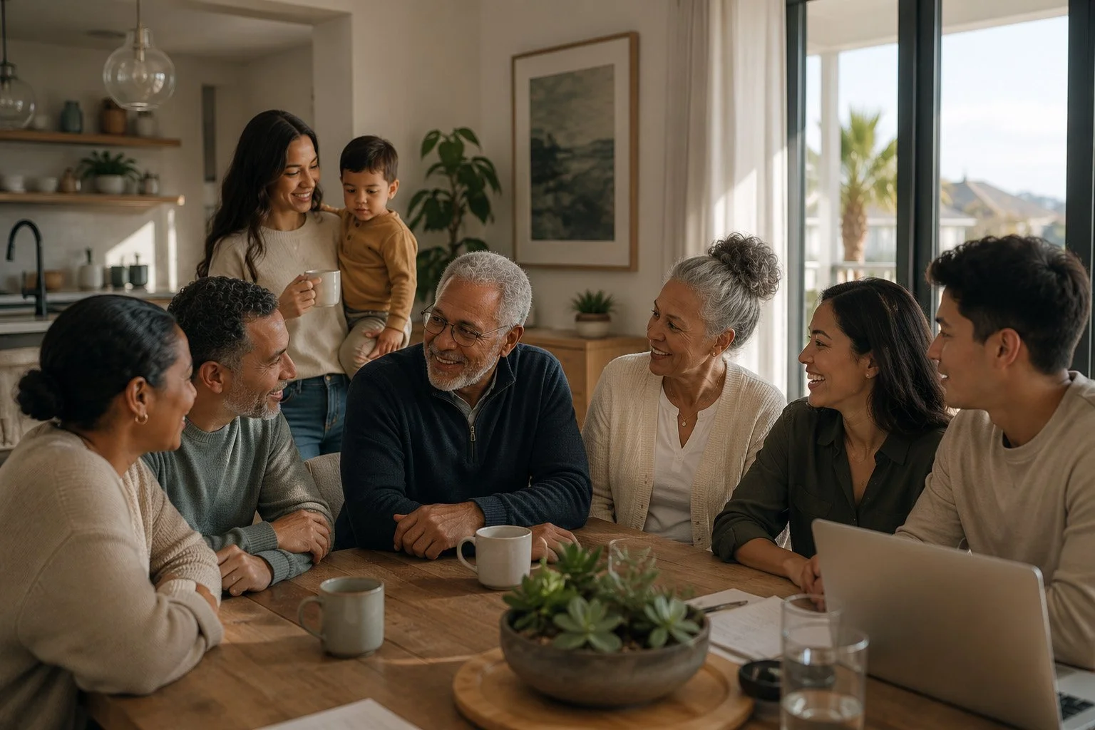 A multigenerational family gathered around a dining table, smiling and engaging in conversation, with a woman holding a young child in the background near a kitchen with natural light.