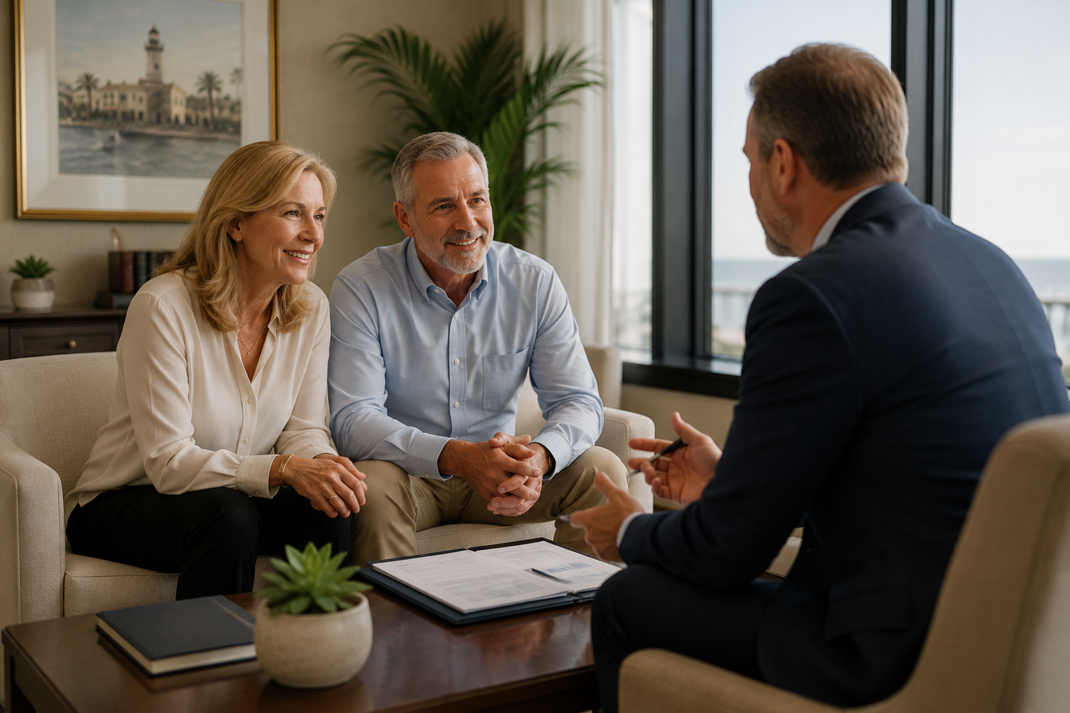 Three people, a woman, a man, and a professional, engaged in a discussion in a bright office with large windows, a framed picture, and indoor plants.