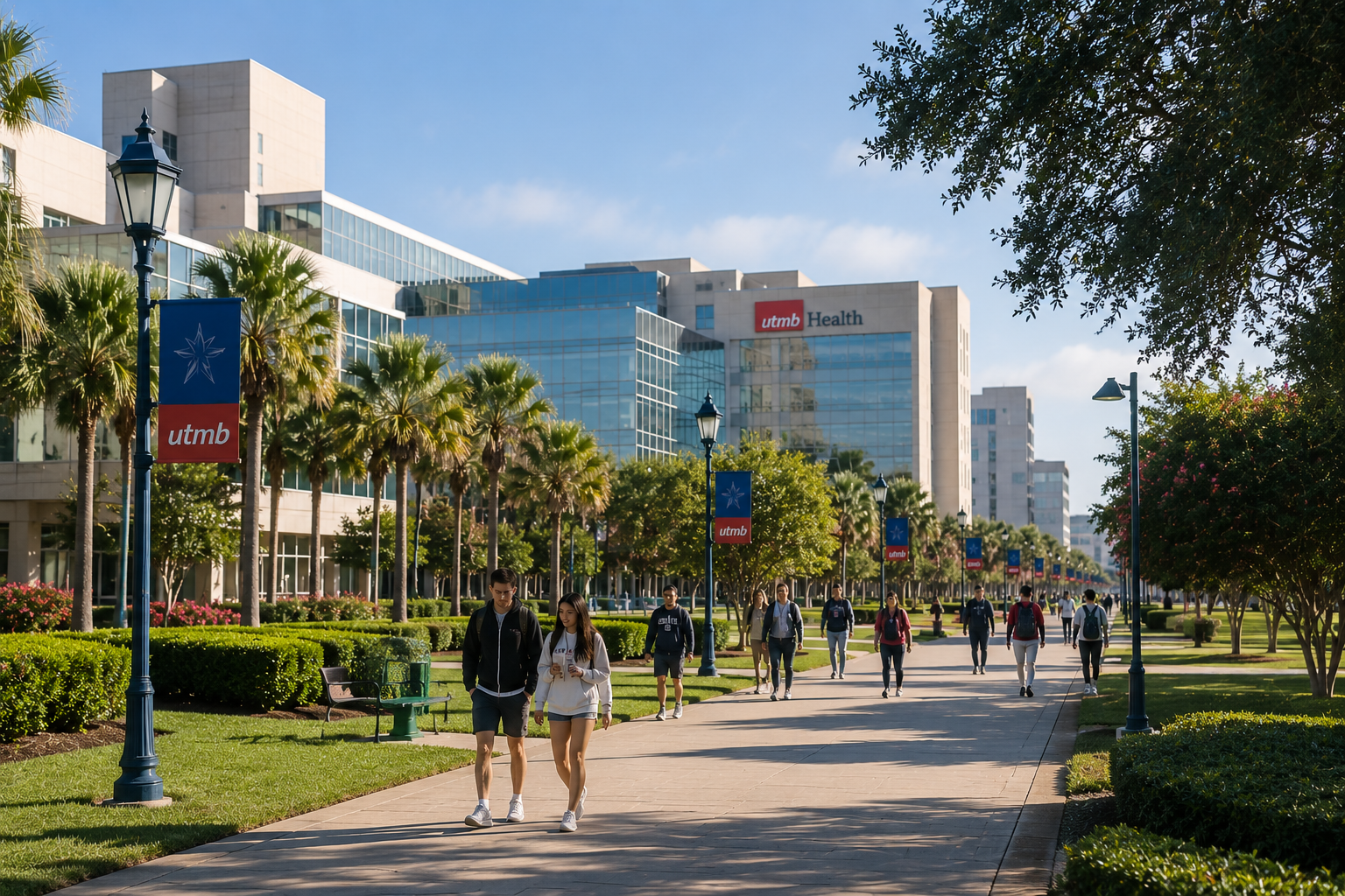 People walking on a campus sidewalk surrounded by trees and bushes, with modern glass buildings in the background, some with "utmb" and "Health" signage, and a blue sky overhead.