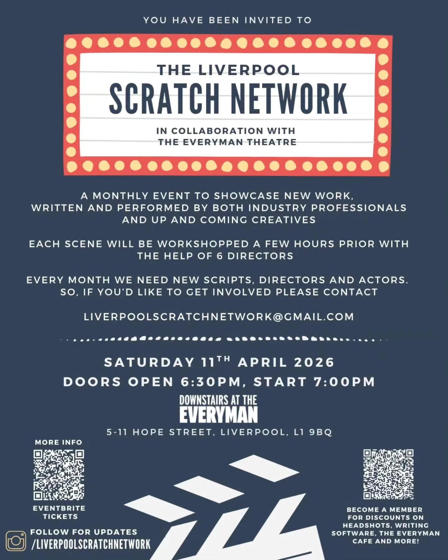 Liverpool Scratch Network is back! Tickets have been selling fast this month so if you want to come along to watch new writing and network with actors, directors and creative types, this ones for you! 
Link is in the bio.
Look forward to seeing you t