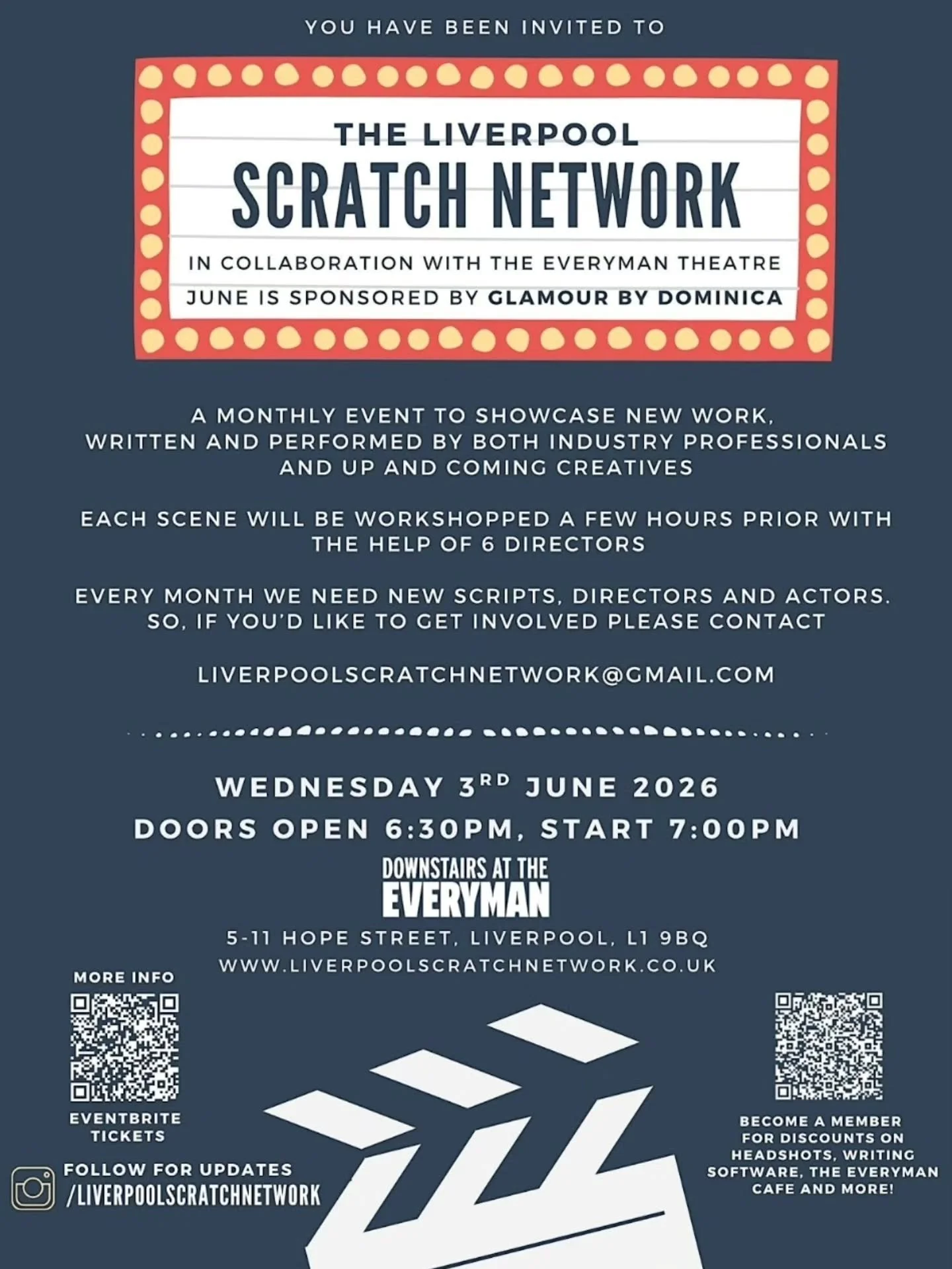 This month's event is Sponsored by the fantastic @glamourbydominica - interested in getting involved with us as a Sponsor? Email liverpoolscratchnetwork@gmail.com!

Our next event is Wednesday 3rd June Downstairs at the Everyman. Look forward to seei