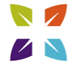 Four stylized leaves in green, orange, purple, and blue, arranged in a square pattern.