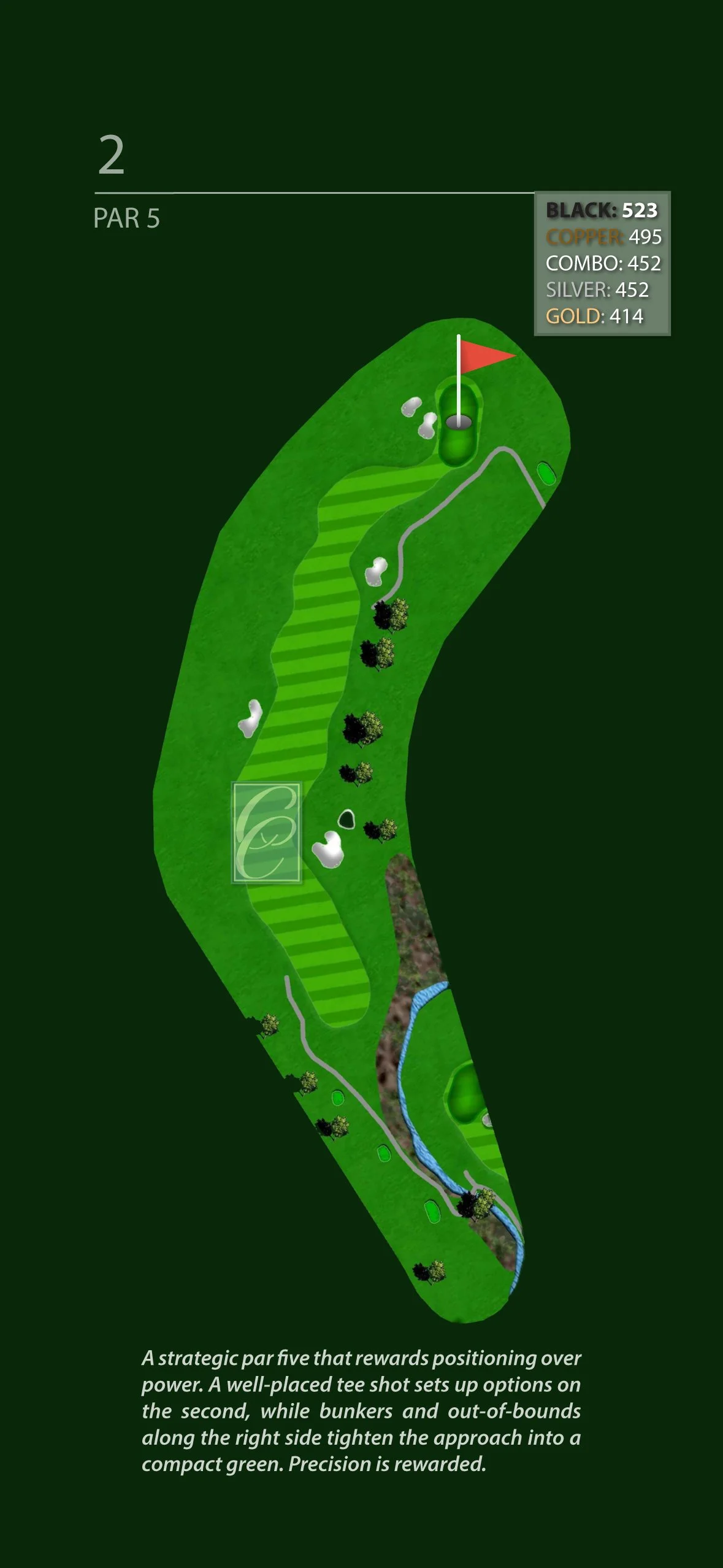 Golf course hole layout with a green, bunkers, water hazard, trees, and a small path, indicating hole 2, par 5, with distance markers for different clubs.