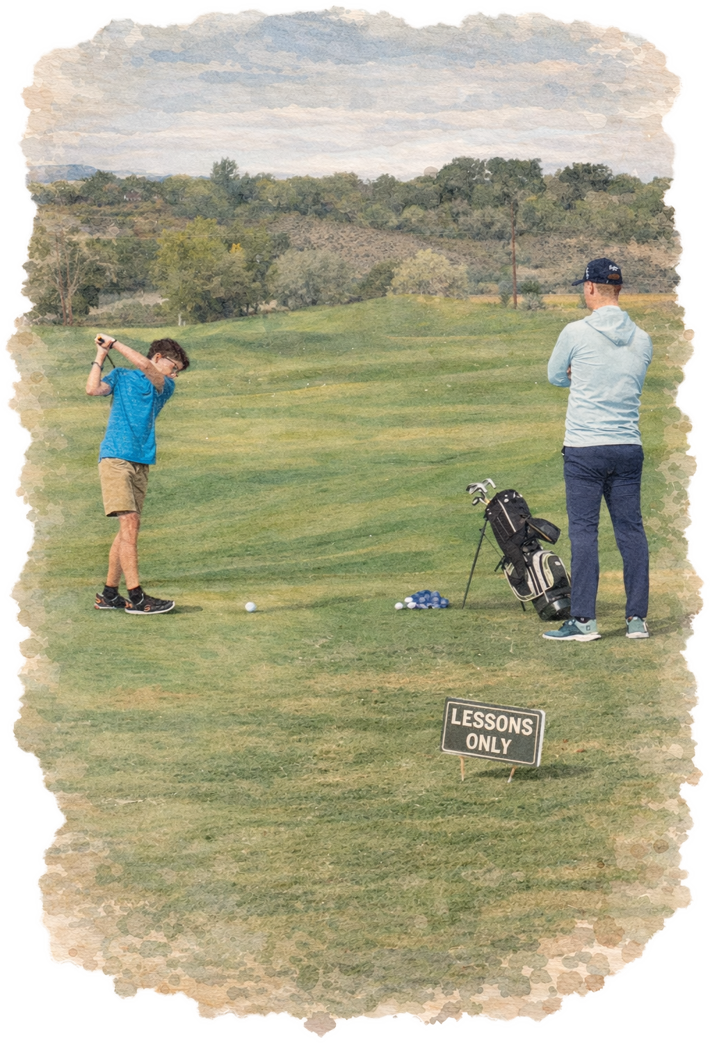 A boy is practicing golf swings on a golf course while an adult stands nearby with a golf bag and clubs, with a sign that reads "Lessons Only" in the foreground.