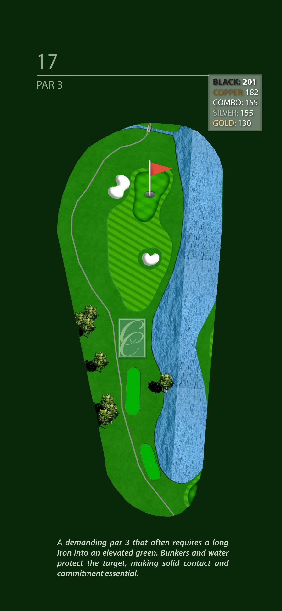 Golf course layout for hole 17, a par-3 with water hazard on the right and bunkers protecting the green, which features an elevated green with a flag.