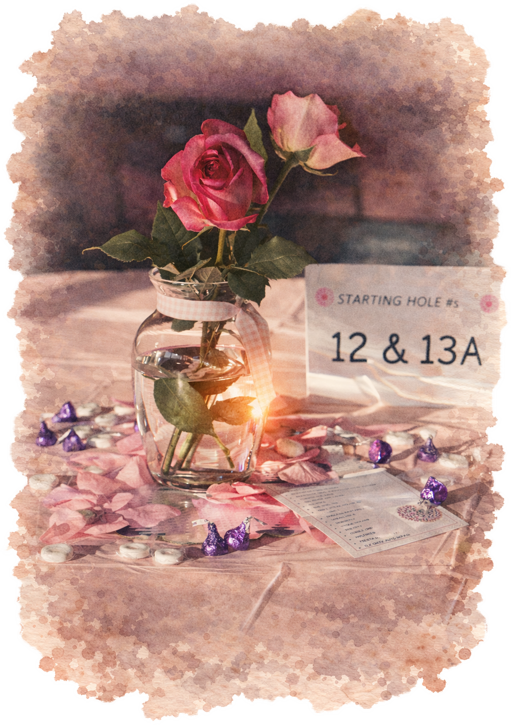 A floral table centerpiece with pink roses in a glass vase, surrounded by pink rose petals, purple foil-wrapped candies, and a card with table numbers, set on a pink tablecloth at a formal event.