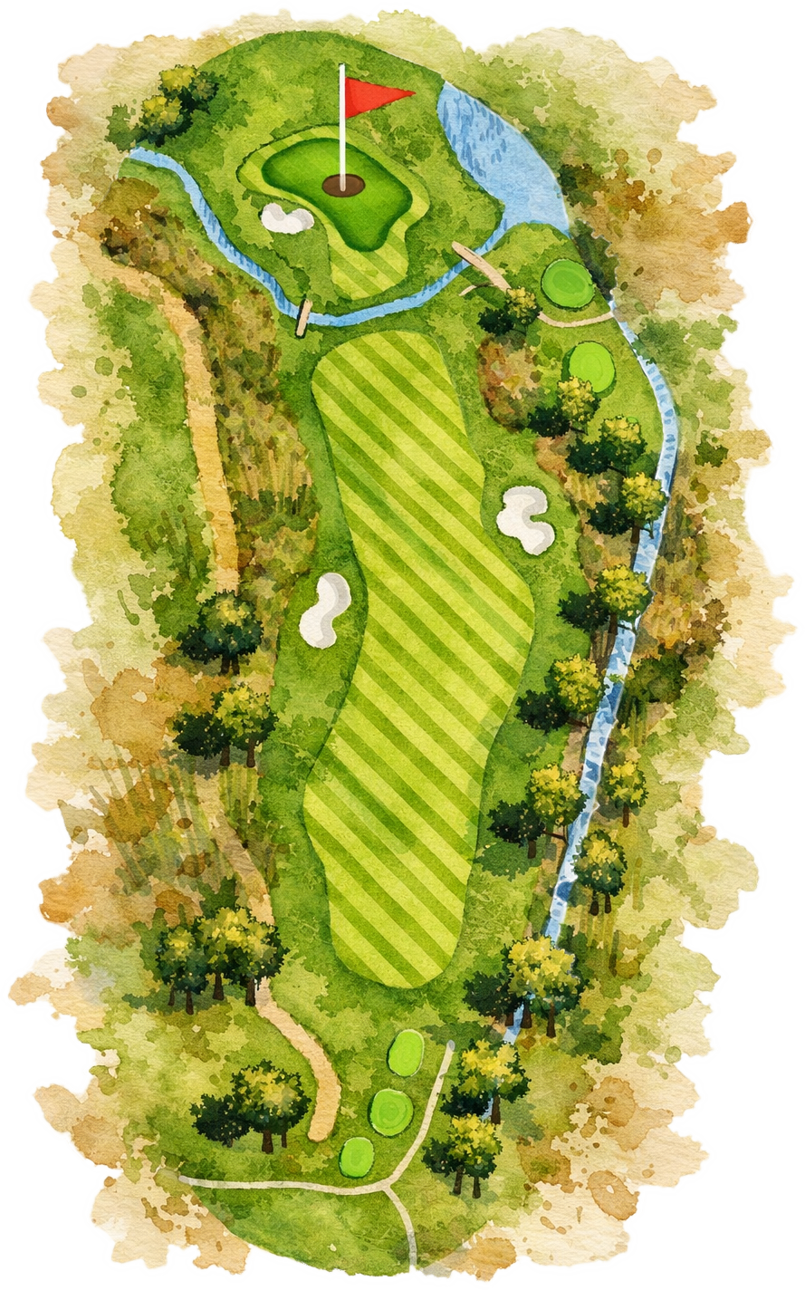 Watercolor illustration of a golf hole with a fairway, trees, water hazards, and a green with a red flag.