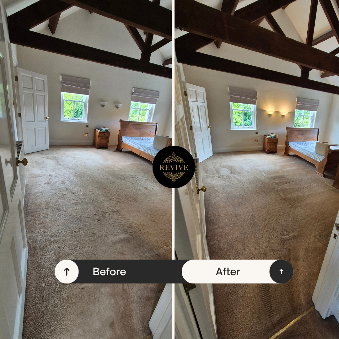 Side-by-side before and after photos of a bedroom with a re-tufted beige carpet and a wooden bed frame with two windows, wall sconces, and a small wooden nightstand.