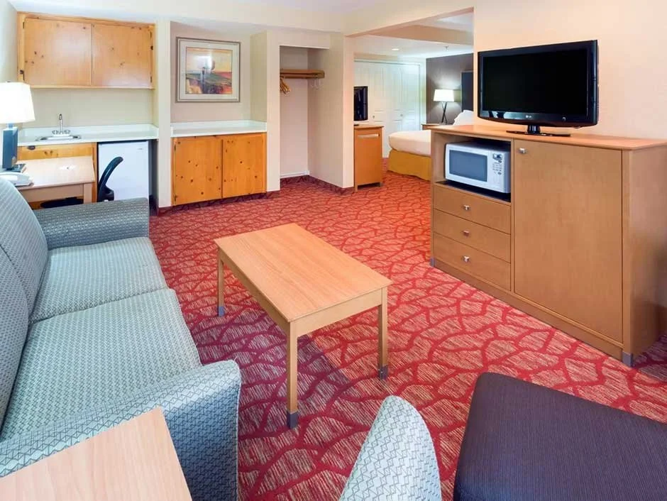 Hotel suite with kitchenette and sink, living area with a pull-out sofa, TV console and king bed