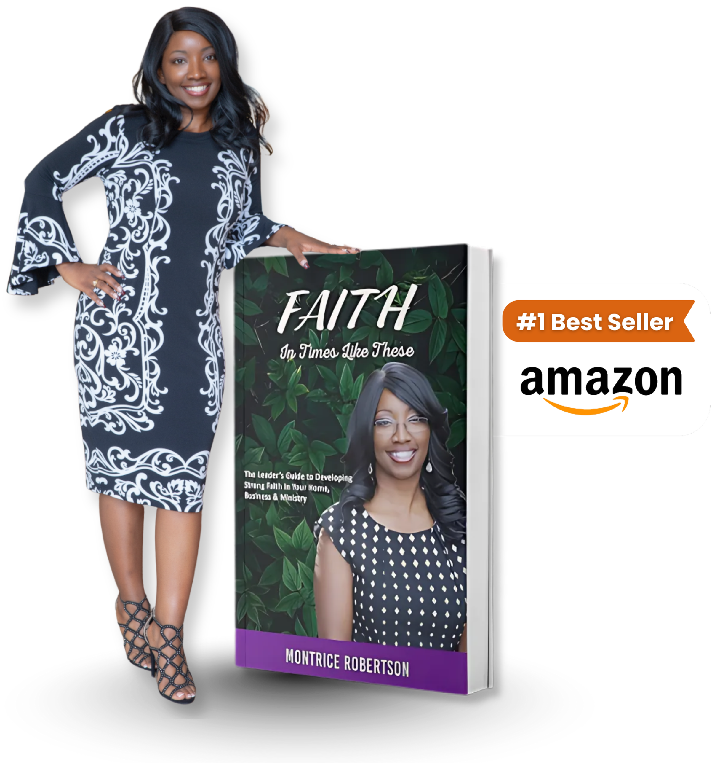 A woman in a black and white patterned dress standing next to a book titled 'Faith in Times Like These' by Monrice Robertson, with an Amazon '#1 Best Seller' label.