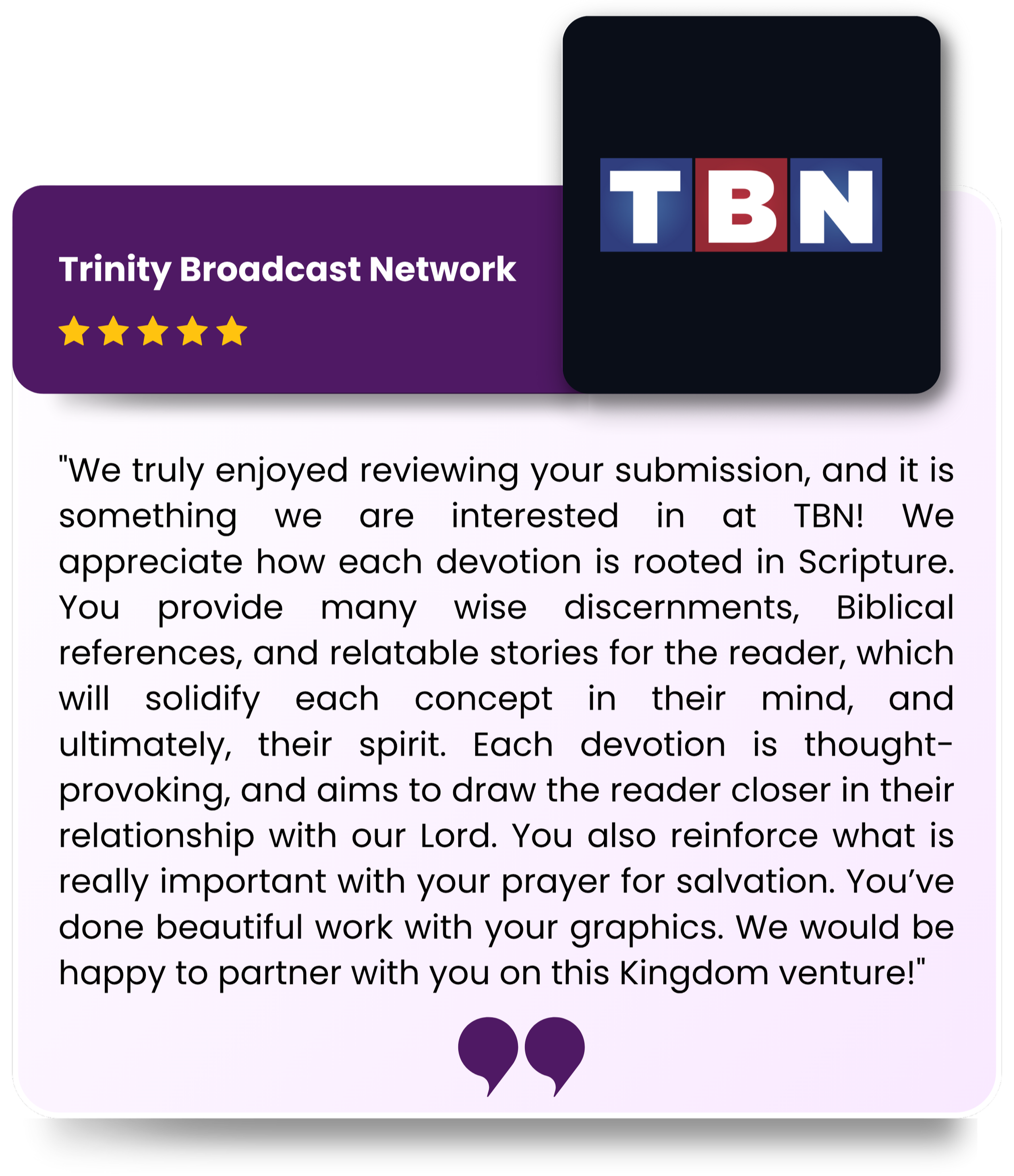 A review card for Trinity Broadcast Network (TBN) with a logo and five-star rating. The card contains a positive testimonial about the network's biblical programming and devotion.