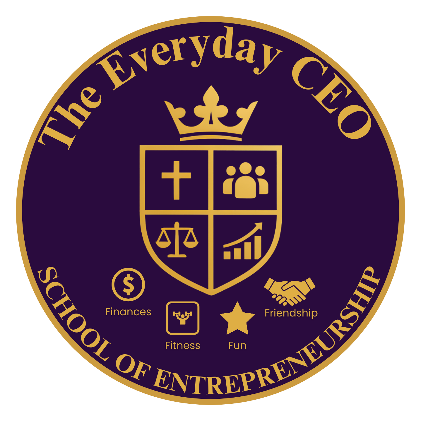 A circular logo with a dark purple background and gold text and symbols. The text reads 'The Everyday CHEO SCHOOL OF ENTREPRENEURSHIP' around the border. In the center is a shield with four quadrants, featuring a cross, a group of people, a balance scales, and a bar chart with an upward arrow. Above the shield is a crown. Below the shield are four icons labeled 'Finances,' 'Fitness,' 'Fun,' and 'Friendship.'