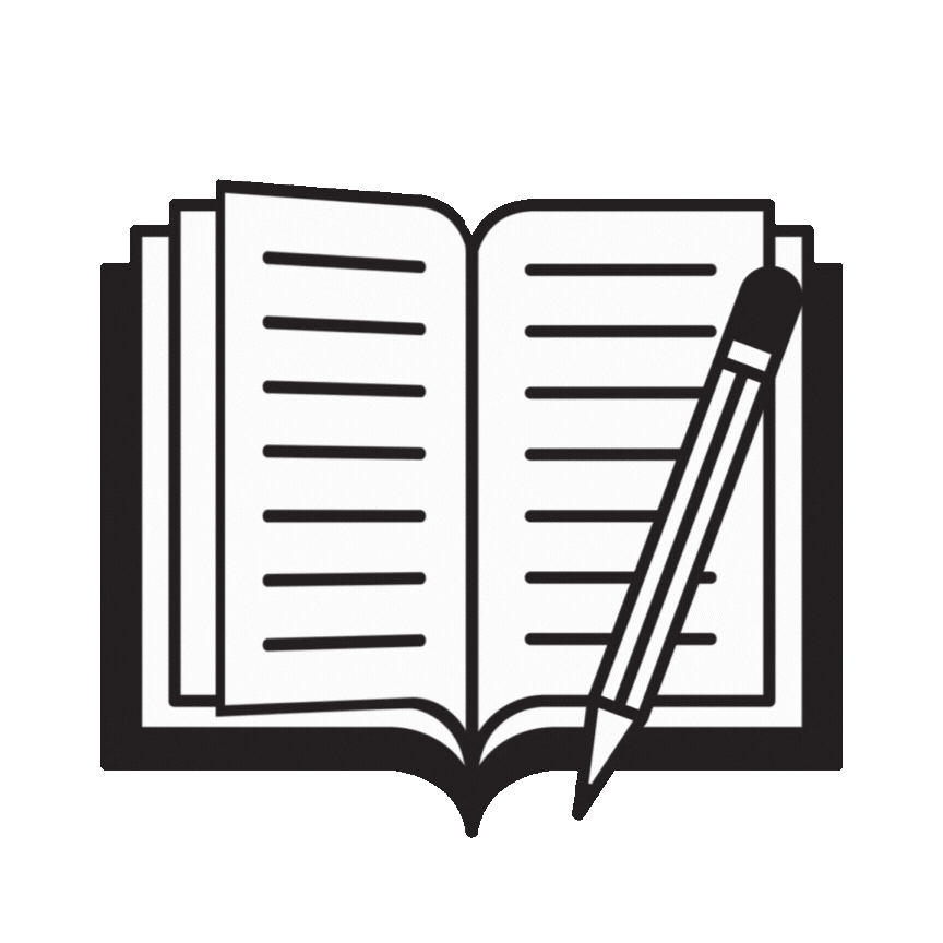 Icon of an open book with a pencil resting on it, symbolizing writing or note-taking.