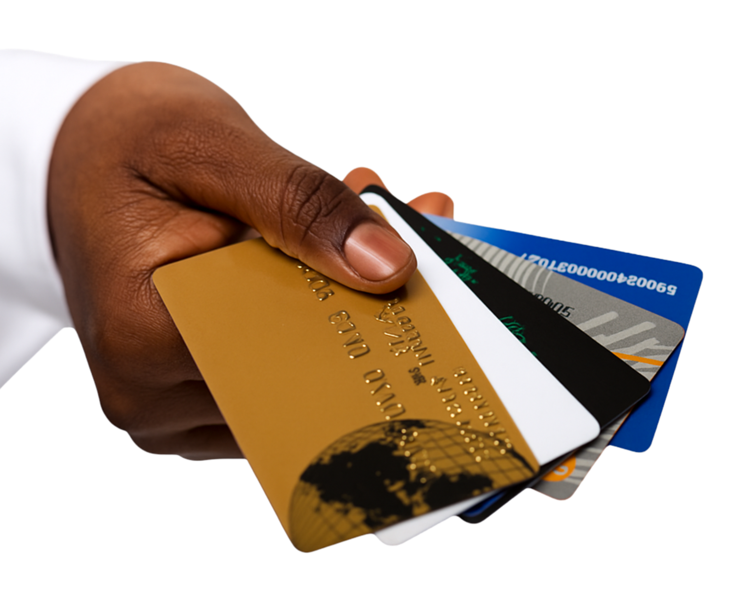 Close-up of a hand holding multiple credit cards.