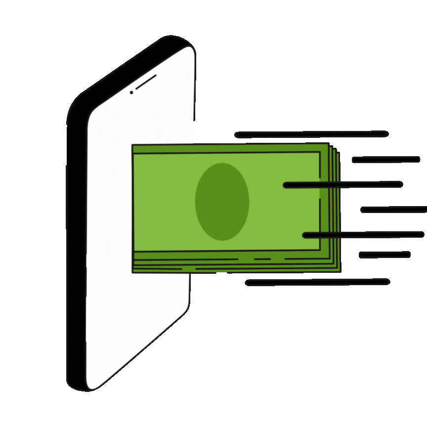 Smartphone with a stack of dollar bills appearing to come out of the screen, symbolizing online money transfer or digital payment.