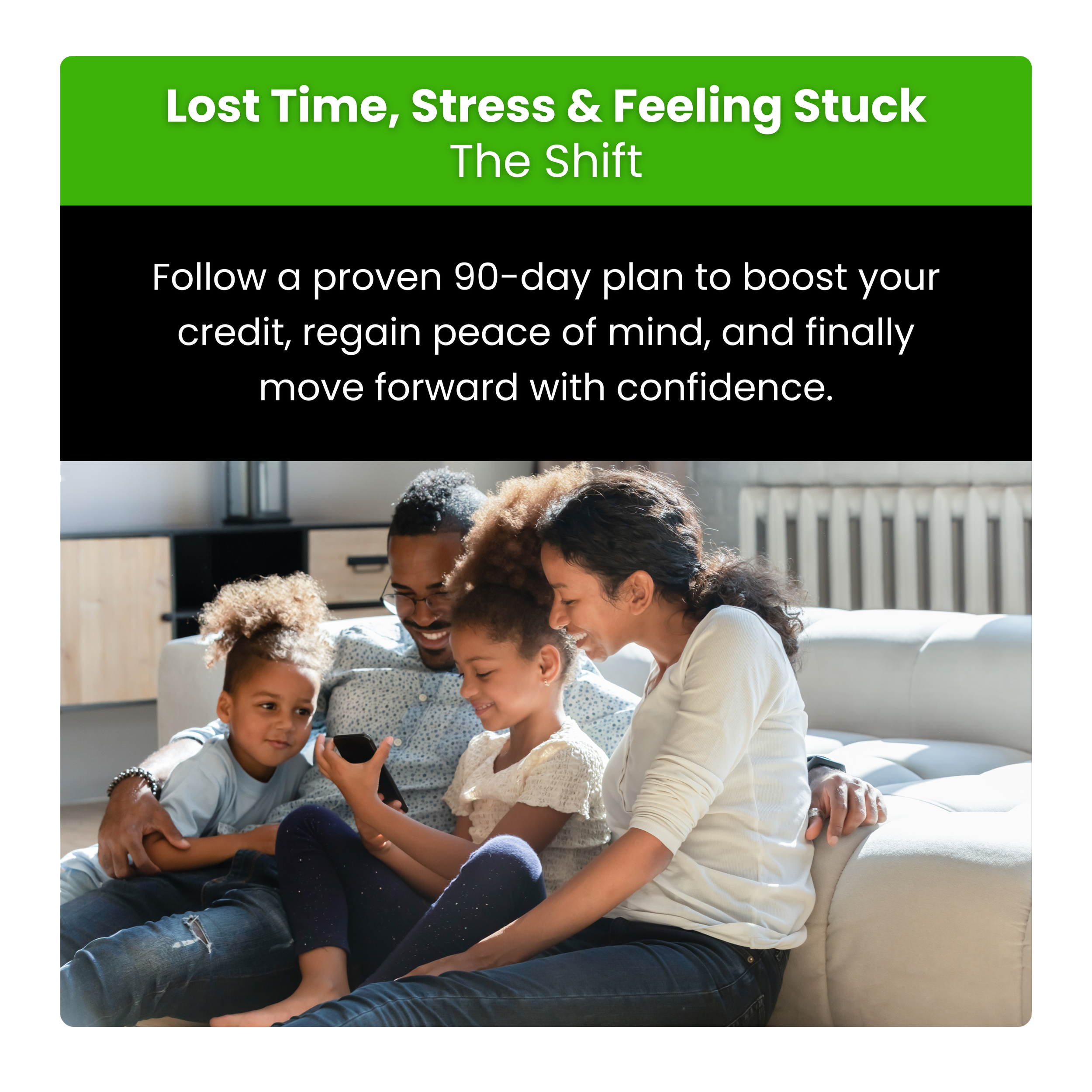 A family of five sitting together on a white couch, looking at a smartphone, smiling and enjoying quality time.