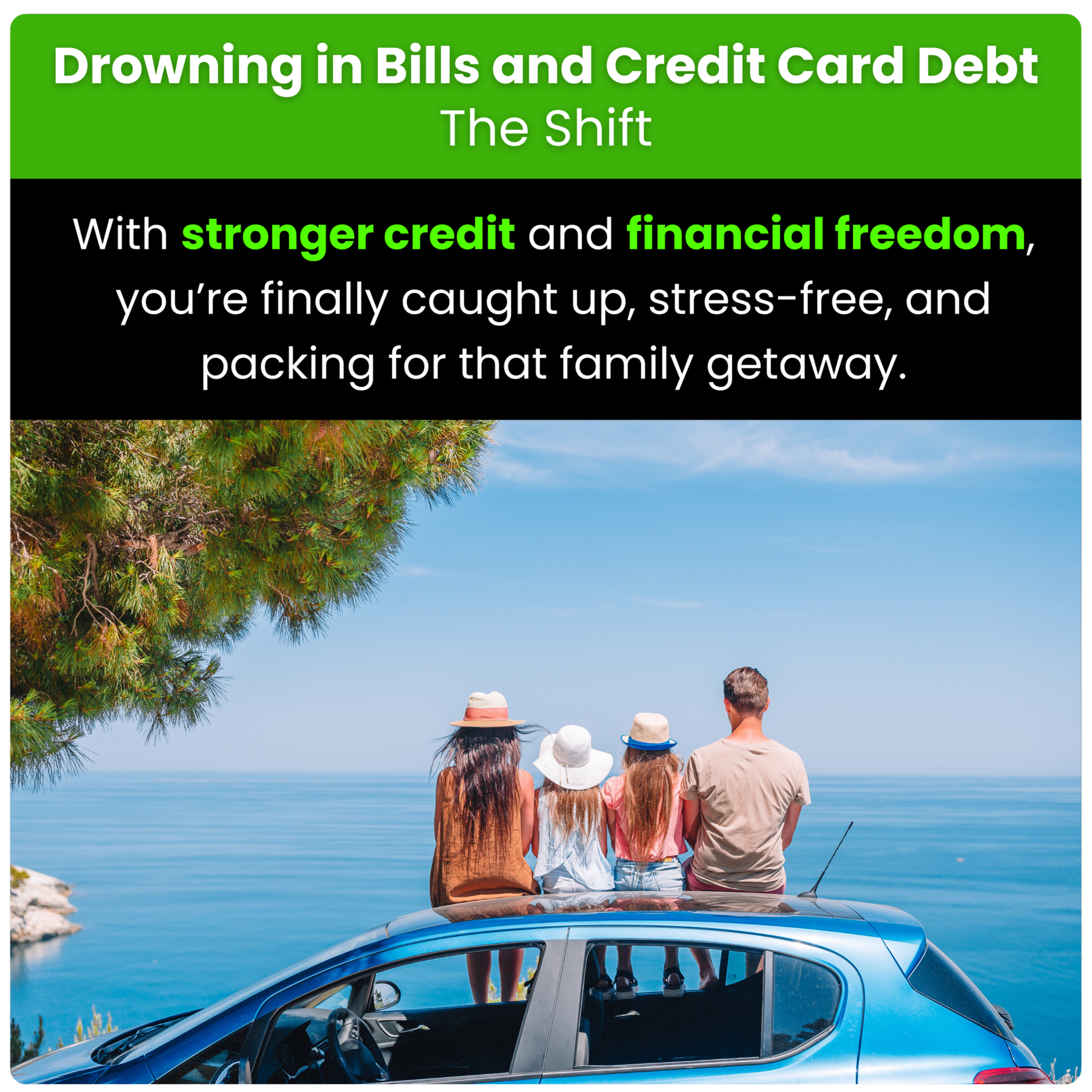 A group of four people sitting on the roof of a blue car, overlooking the ocean with a clear blue sky, some trees, and rocks visible in the background.