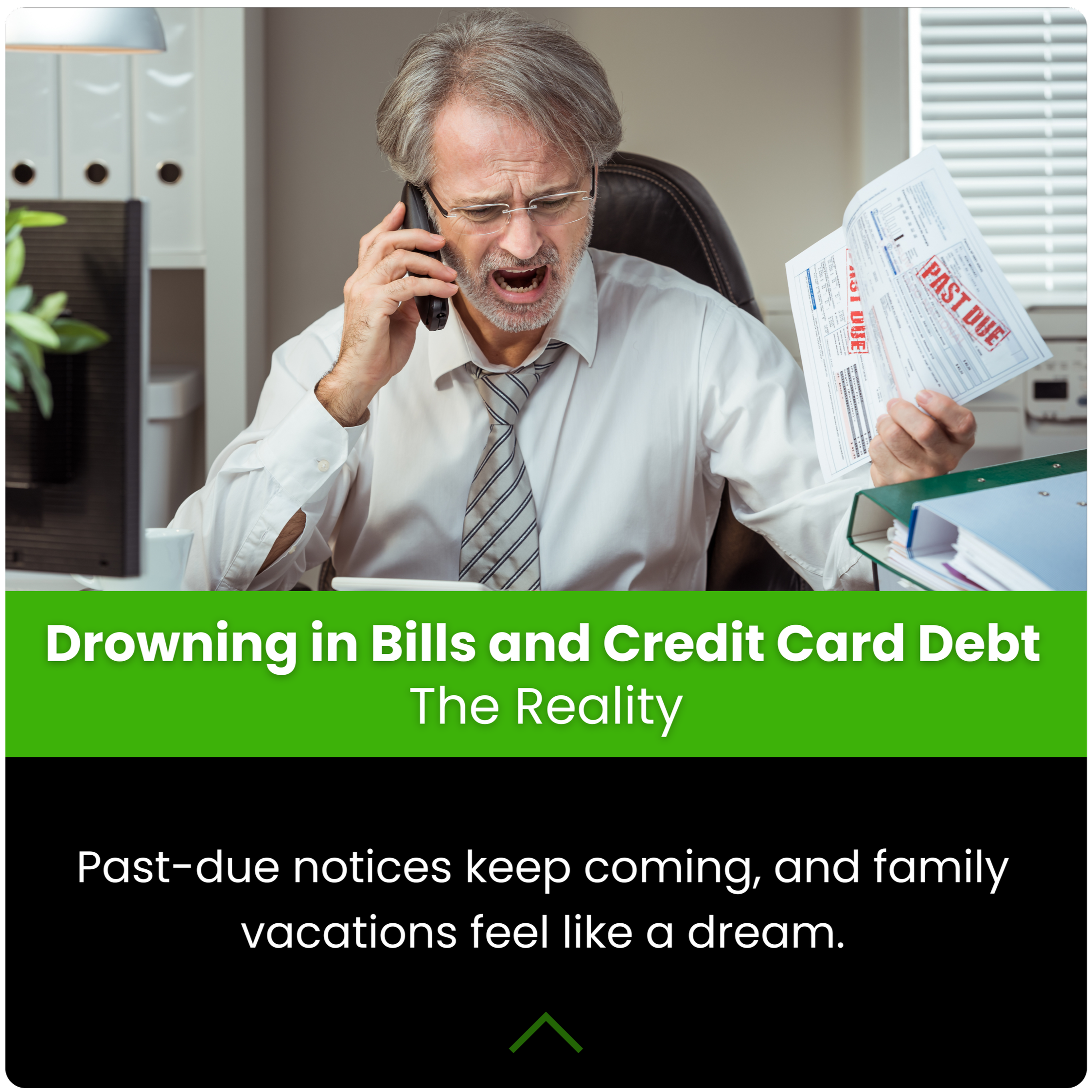 An older man with gray hair and glasses, dressed in a white shirt and striped tie, sitting at a cluttered desk in an office, holding a bill and yapping on the phone with a distressed expression.