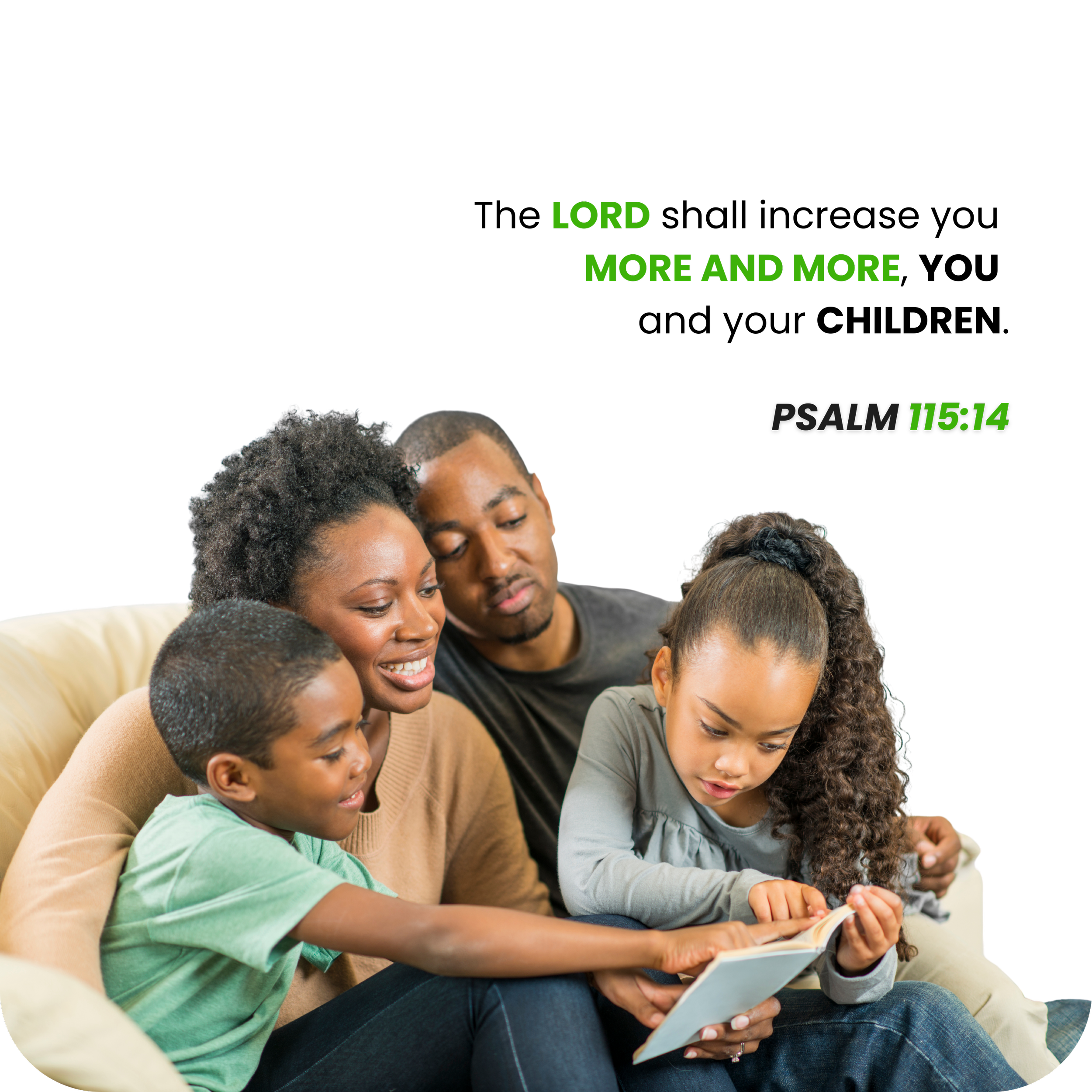 A family of five reading a book together on a couch, with Bible verses and colorful text overlayed at the top of the image.