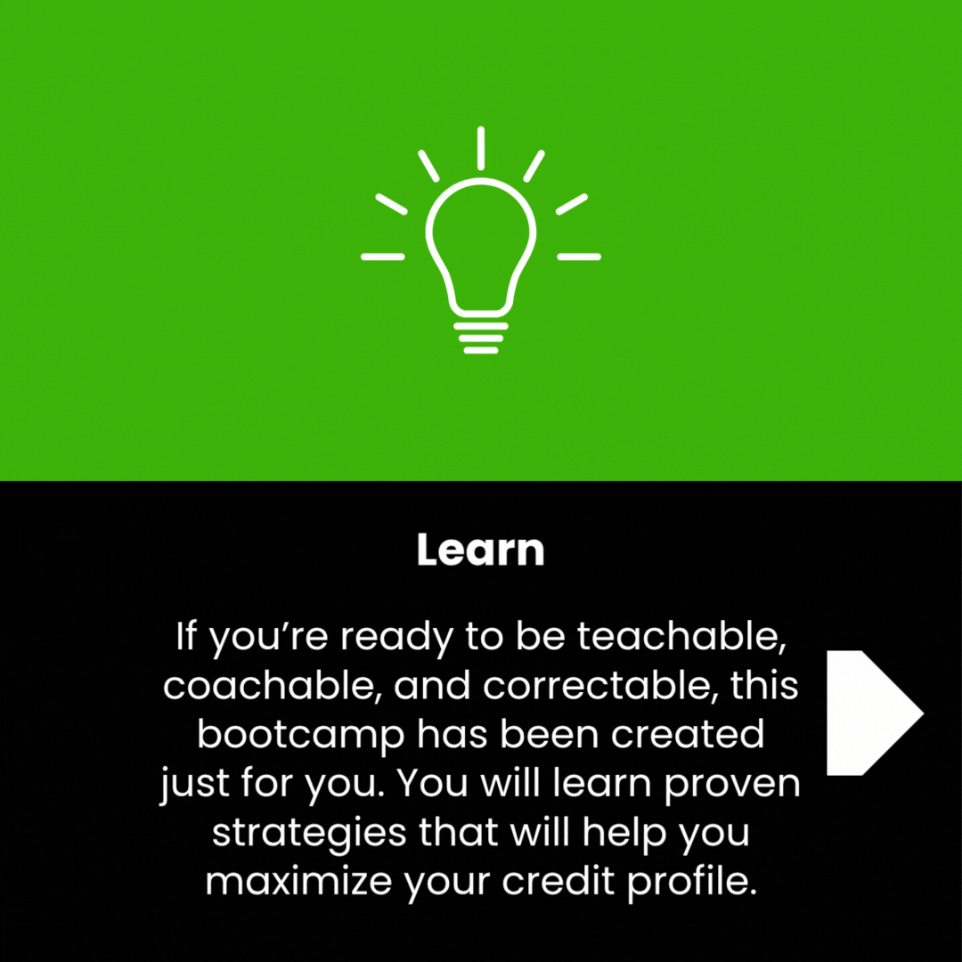 An online learning slide with a green background, a white lightbulb icon, and text about learning strategies to improve credit profiles.