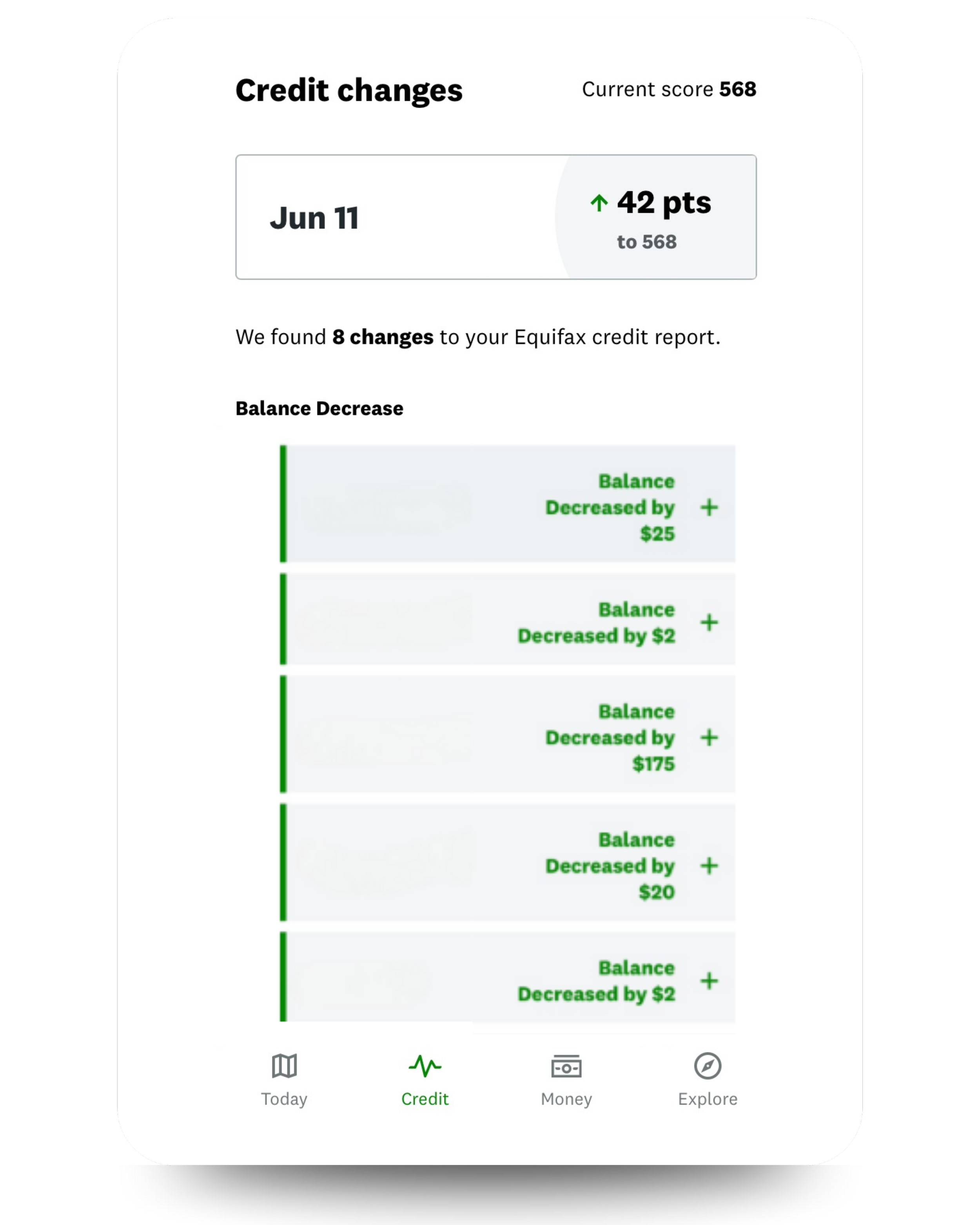 Mobile app screenshot displaying credit change details, with a score of 568, showing 8 recent changes, including increases and decreases in balances, with categories labeled Today, Credit, Money, and Explore at the bottom.