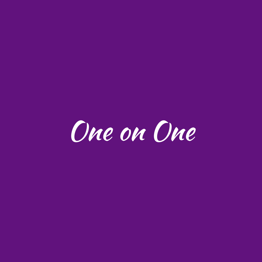 Purple background with the text 'One on One' written in white cursive font.
