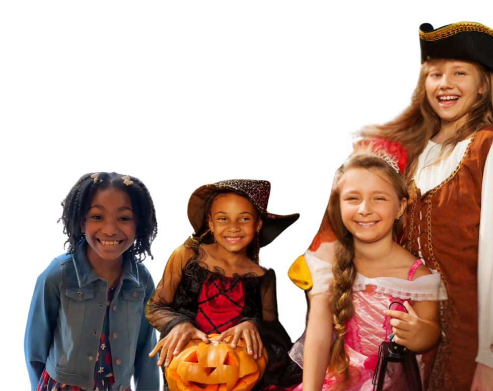 Group of children dressed in Halloween costumes celebrating together.