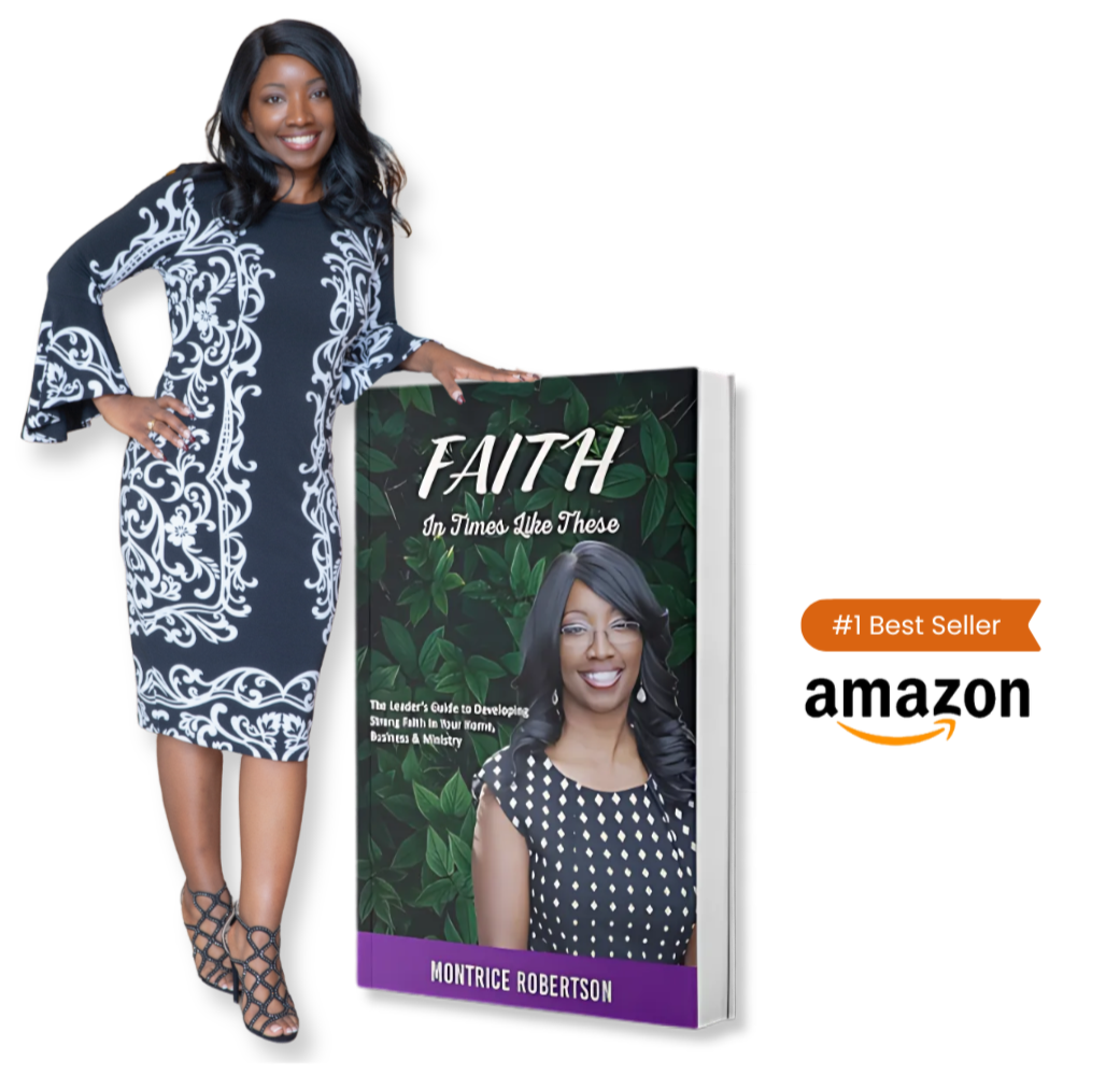 A woman in a black and white patterned dress standing next to a book titled 'Faith in Times Like These' by Montrace Robertson, and a large Amazon Best Seller sign.