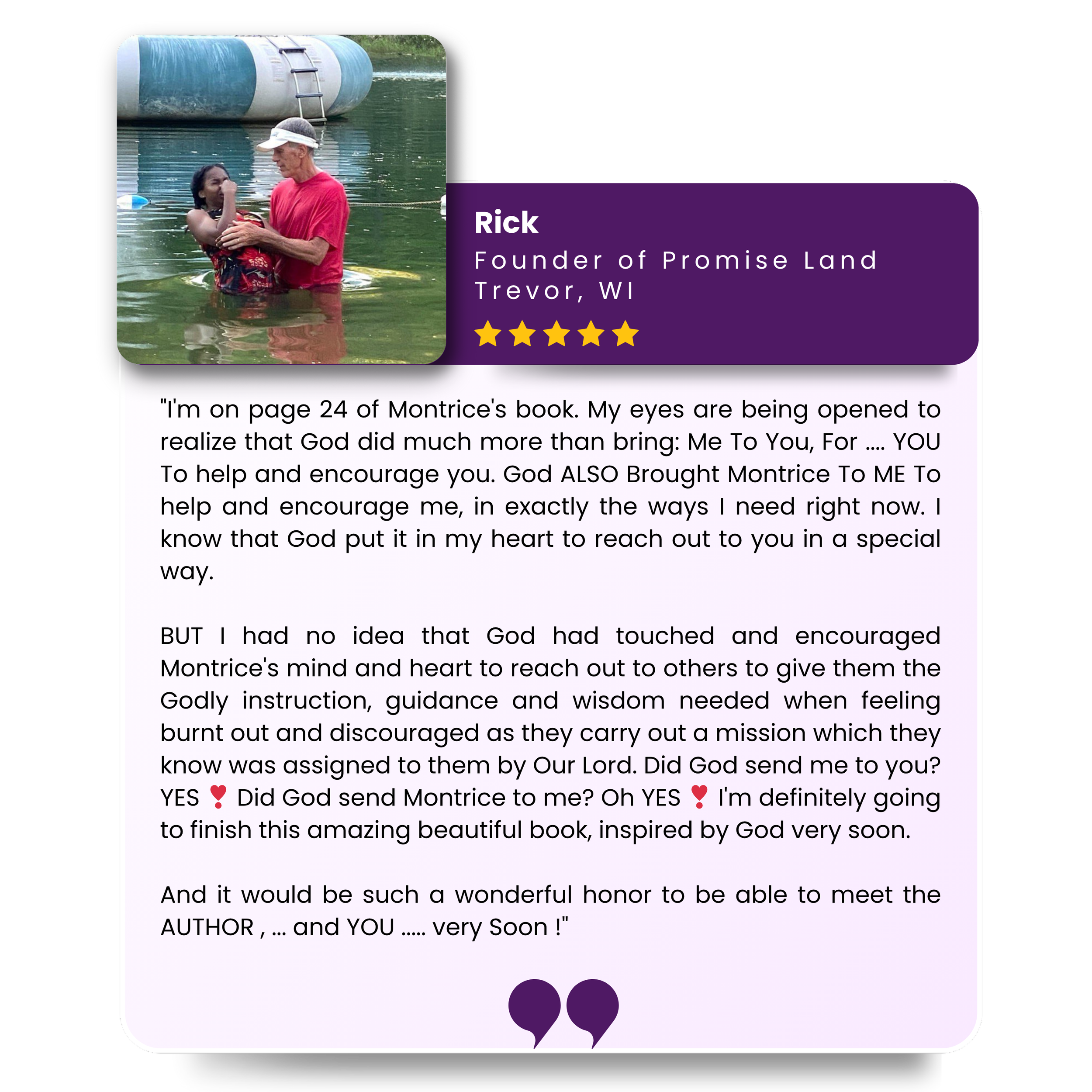Photo of a man and a girl standing in water, embracing, with a large floating pipe in the background. A purple header with white text introduces Rick, founder of Promise Land in Trevor, WI, with a five-star rating. Below, a testimonial or personal me