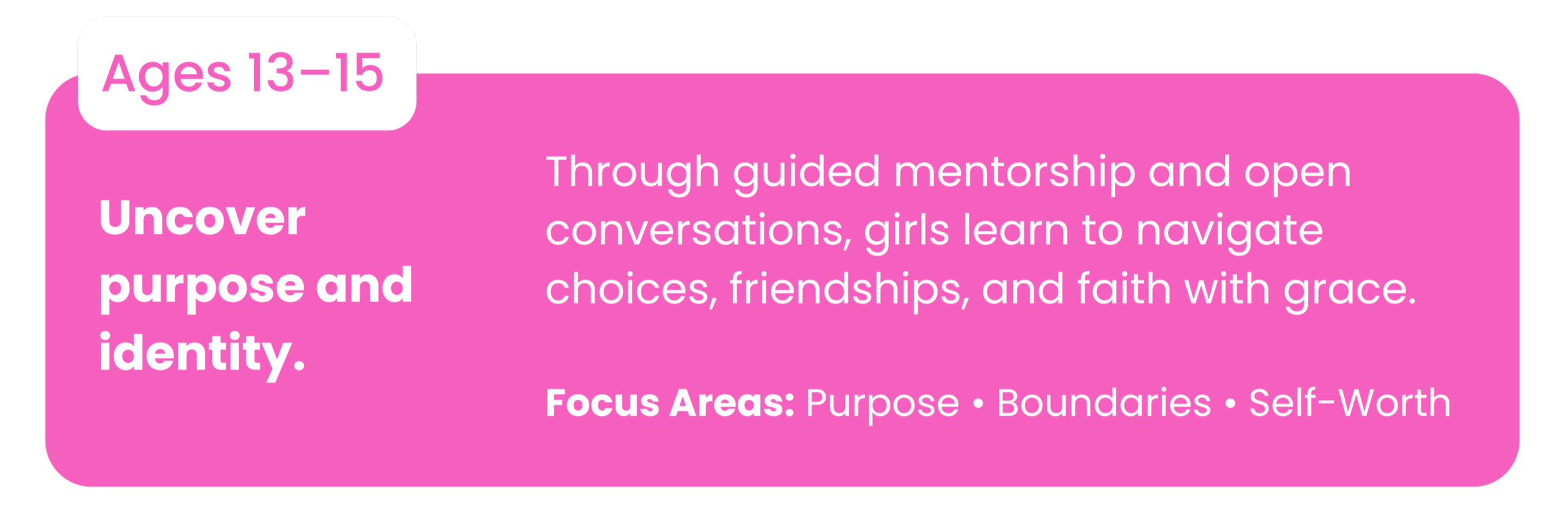 Pink informational card for ages 13-15 about uncovering purpose and identity through mentorship and conversations, focusing on purpose, boundaries, and self-worth.