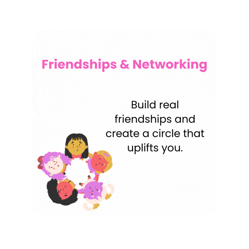 Colorful graphic with cartoon children holding hands in a circle, and text about building real friendships and creating uplifting connections.