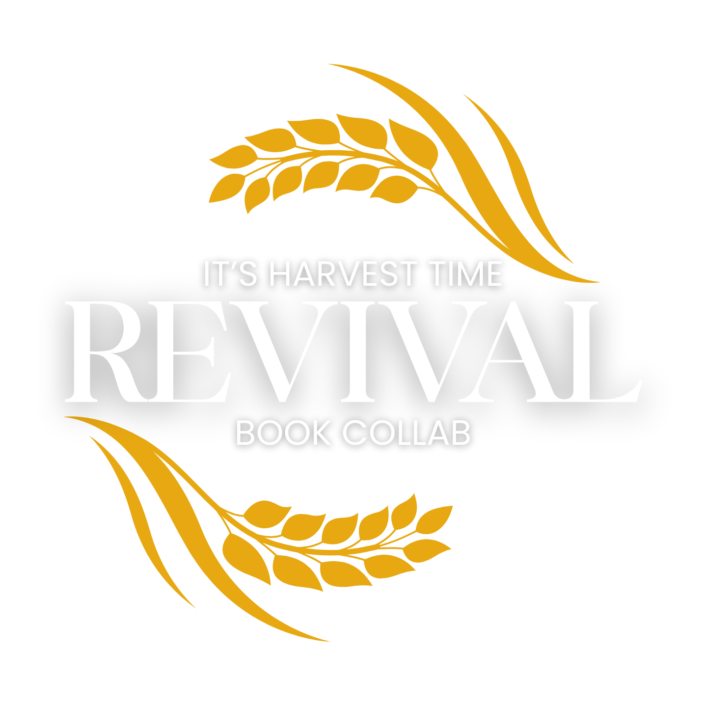 Black background with gold and white text that reads "It's Harvest Time Revival Book Collab".