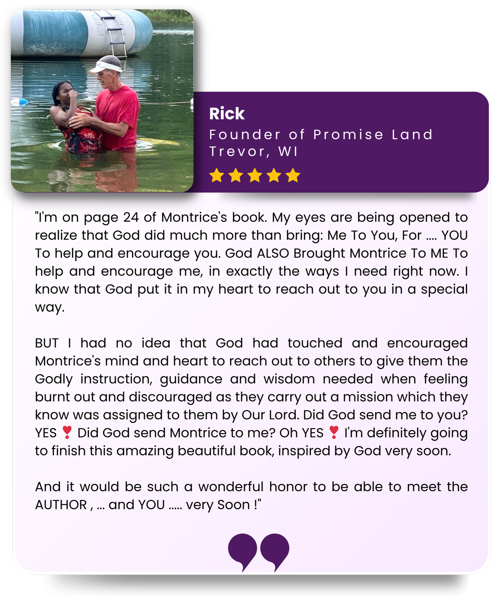A person holding a young girl in a water baptism ceremony in a lake with a large floating water tank in the background. Sitting on the person's arm is a small child in a life jacket, and they are in front of a purple text box with quote and review.