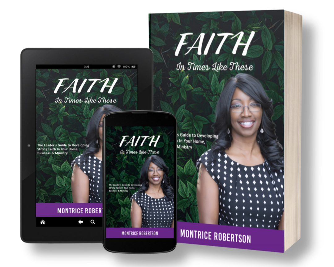 Book cover titled 'FAITH In Times Like These' by Montrice Robertson, shown on a tablet, smartphone, and a printed book. The cover features a woman with long dark hair, glasses, and a black polka dot dress, set against a green leafy background.