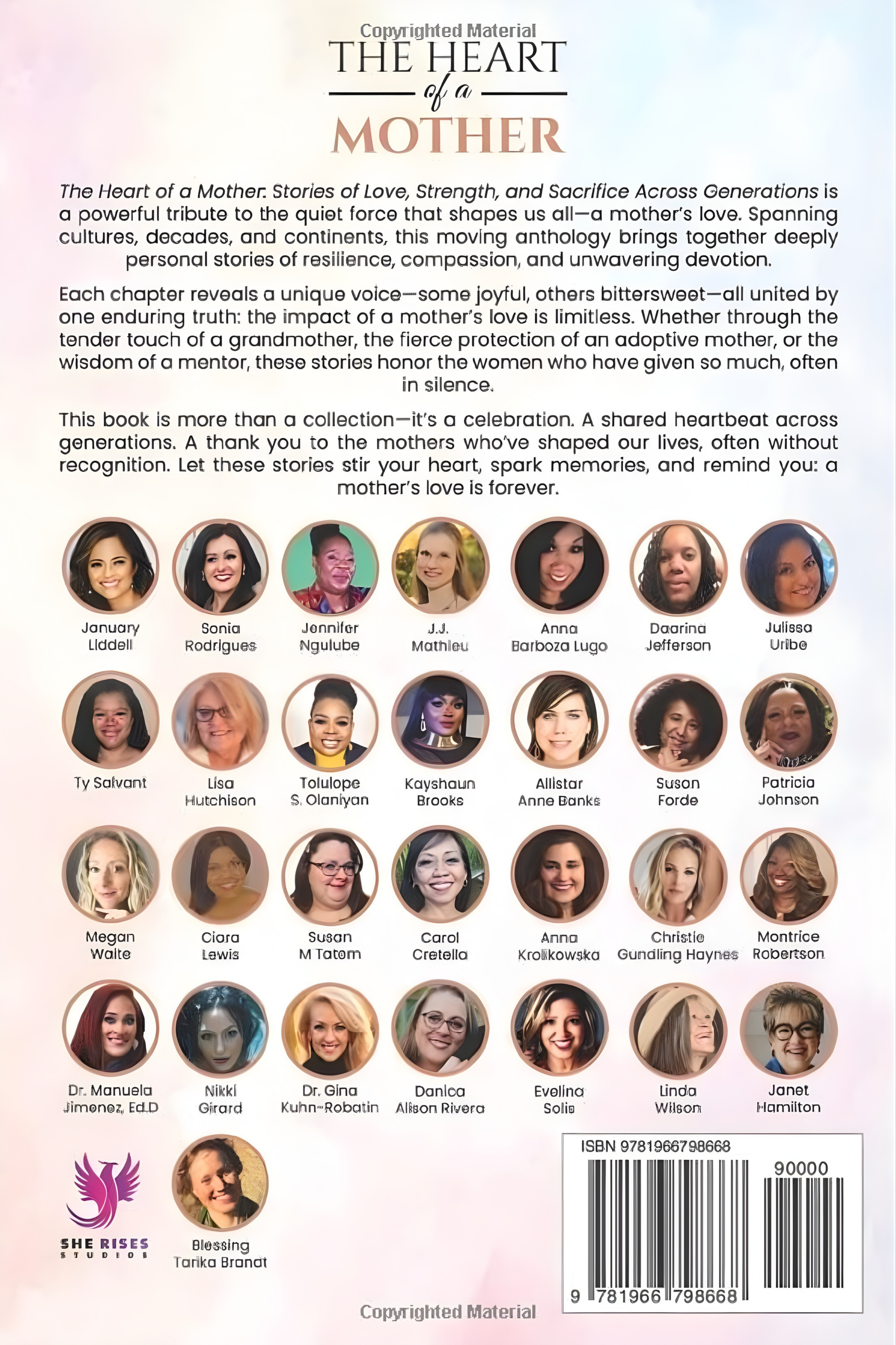 Back cover of a book titled 'The Heart of a Mother,' featuring a brief description of the book and a collage of photos of women, each with their name below their image, including authors, contributors, and editors. The cover also shows the publisher's logo, ISBN barcode, and a small photo of a woman labeled 'Blessing Tarika Bandt.'