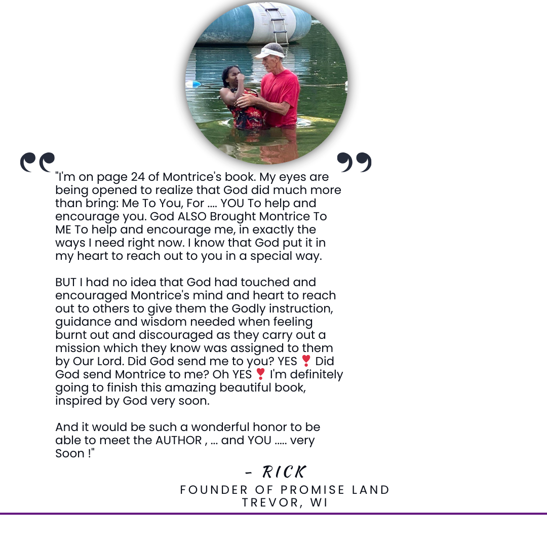 A letter or testimonial from Rick, founder of Promise Land in Trevor, WI, with a photo of an elderly man and a young girl swimming in water, holding hands, with a large pipe in the background.