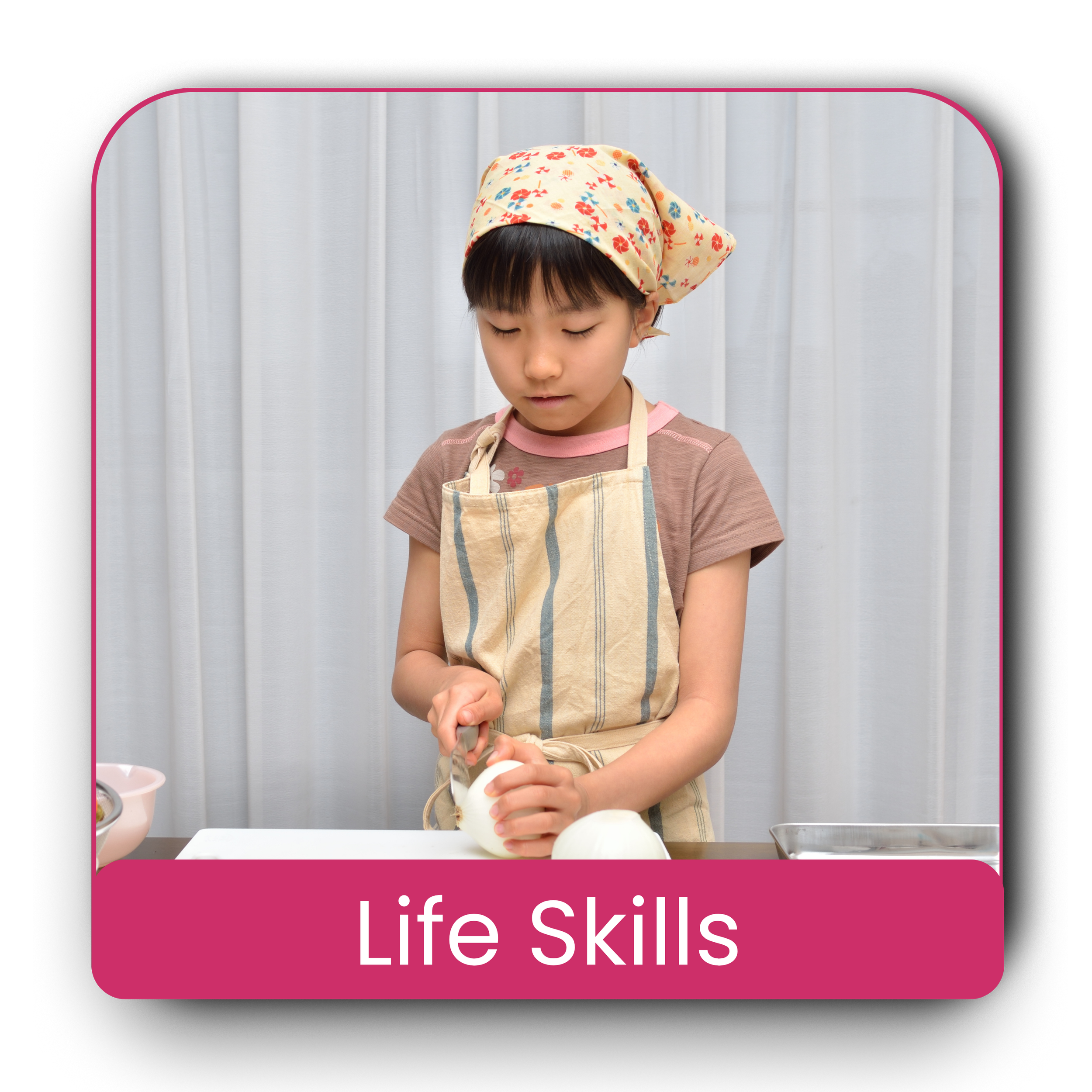A young girl wearing a beige apron and a floral headscarf peeling onions in a kitchen with a grey curtain background.