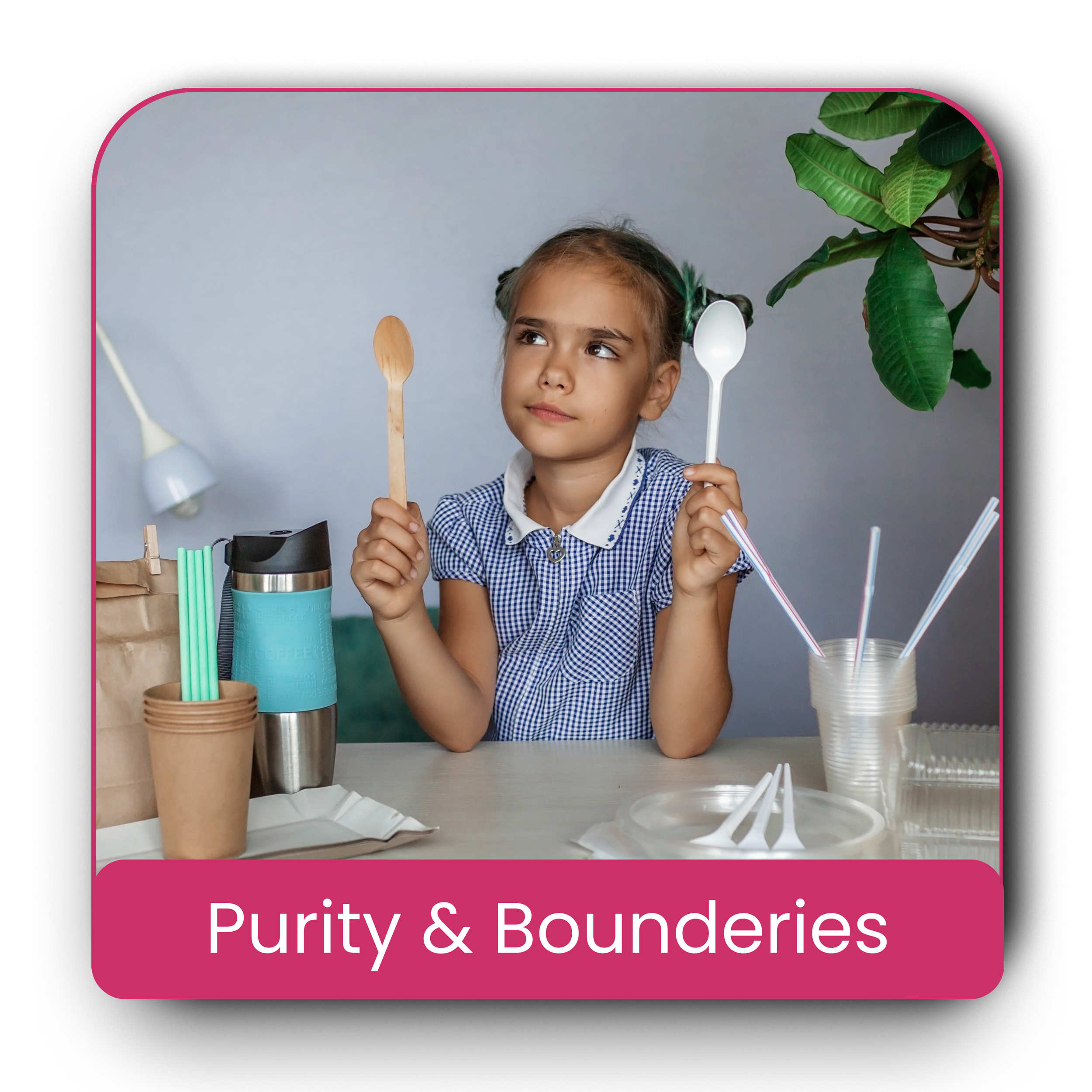 A young girl in a checkered dress holding a wooden spoon in her right hand and a white spoon in her left hand, sitting at a table with disposable cups, utensils, and a thermos, with a large green plant nearby, against a gray background.