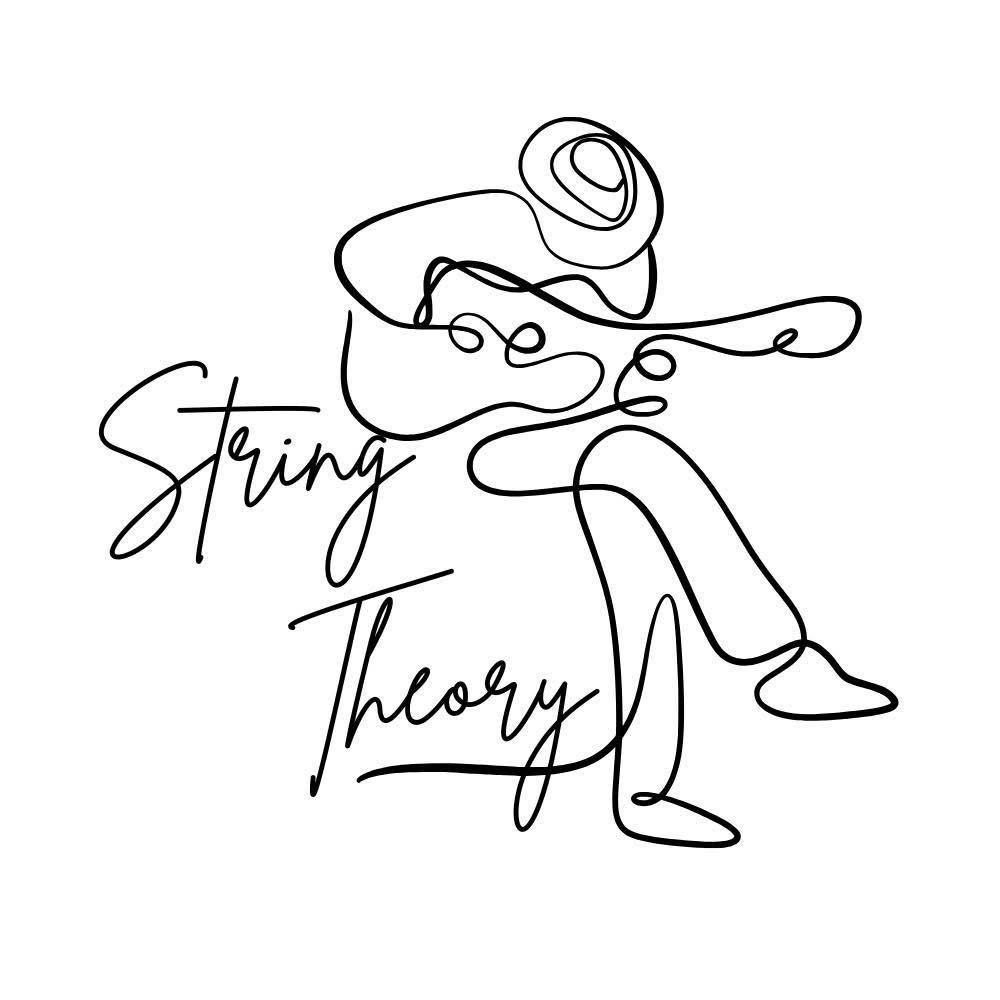 Line drawing of a person sitting and playing a guitar, with the words "String Theory" written in cursive.