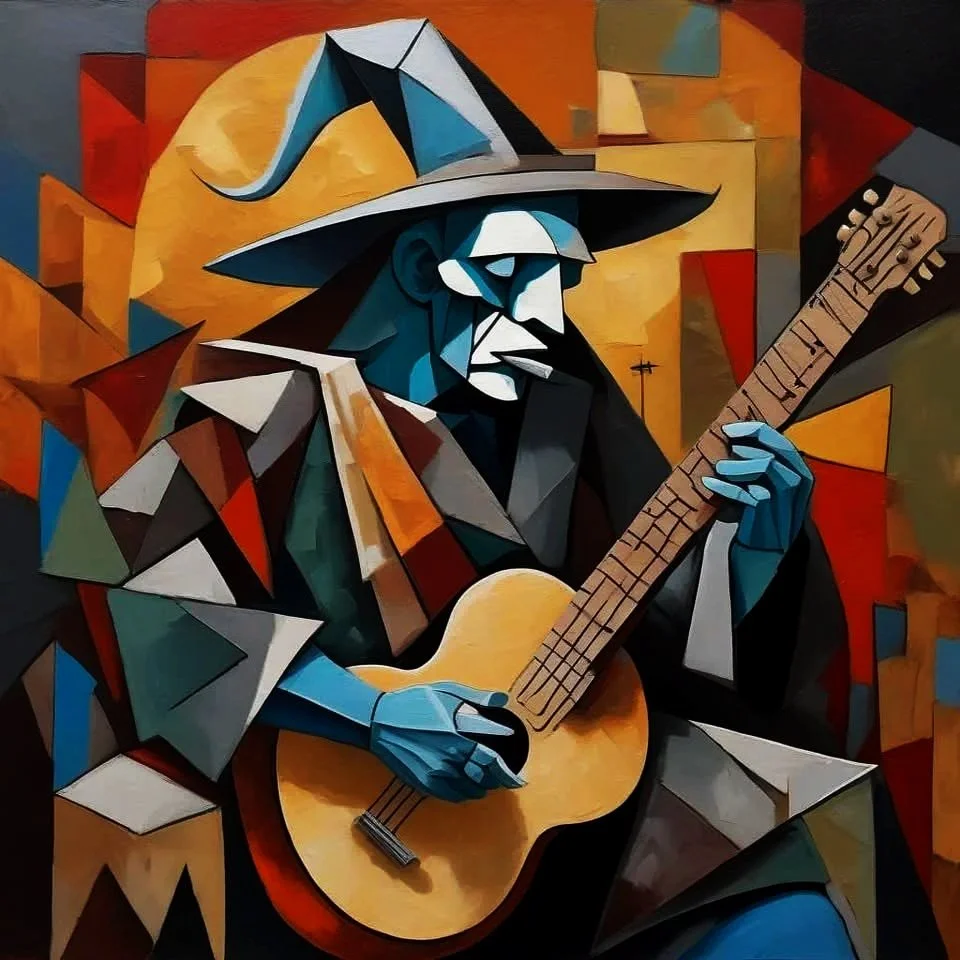 A cubist-style painting of a man playing an acoustic guitar, wearing a hat and suit, with geometric shapes and vibrant colors.