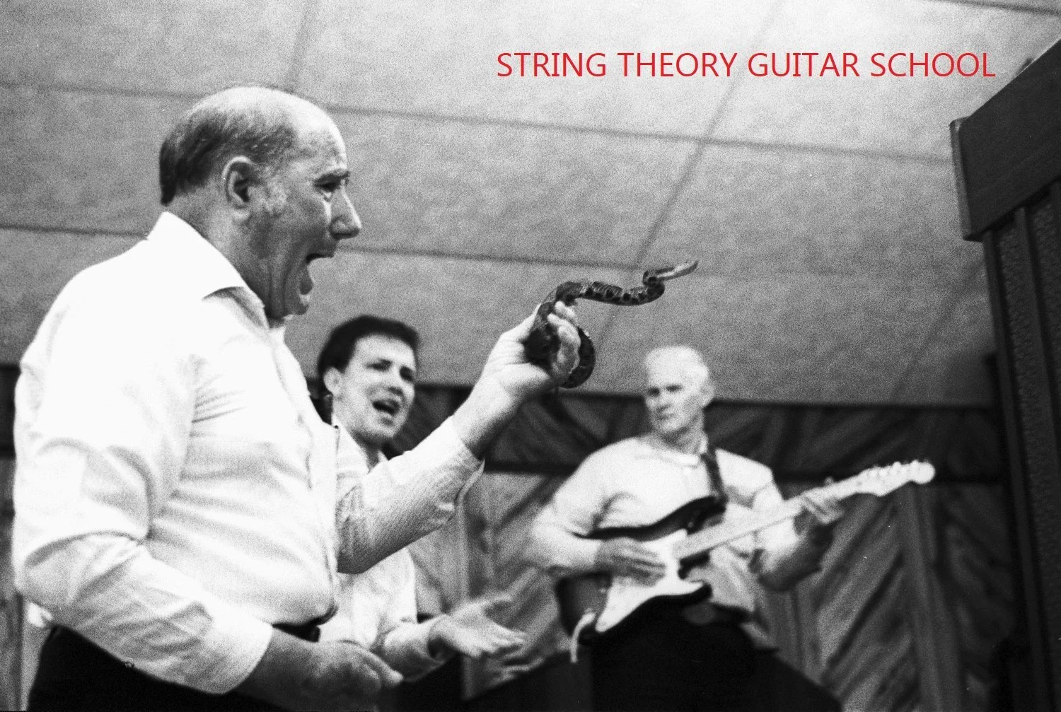 Black and white photo of a man passionately singing into a microphone, holding a snake in his hand, with two band members playing guitars in the background, at String Theory Guitar School.