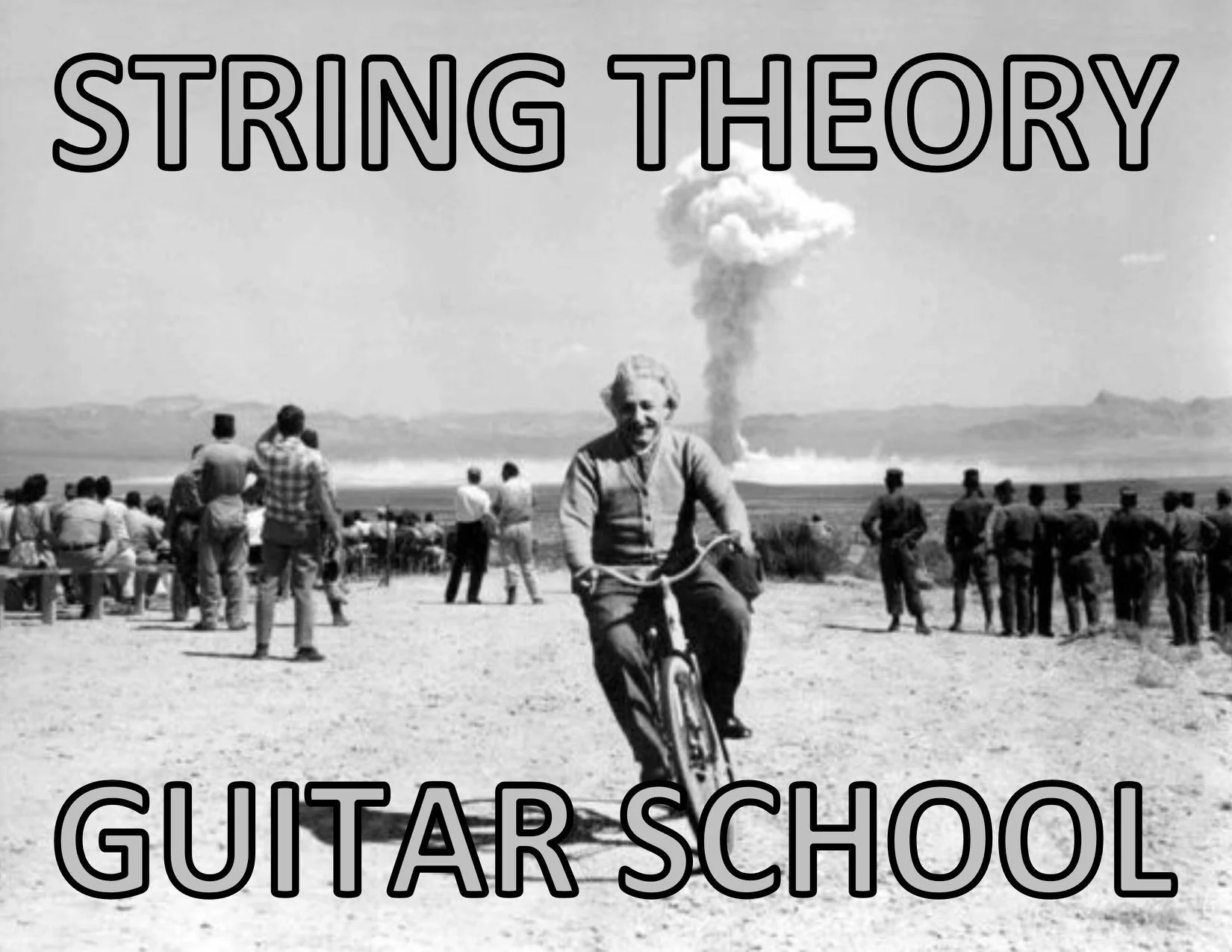 Black and white photo of a man riding a bicycle towards the camera, with a crowd of people and a plume of smoke in the background, overlaid with large text reading "String Theory Guitar School."